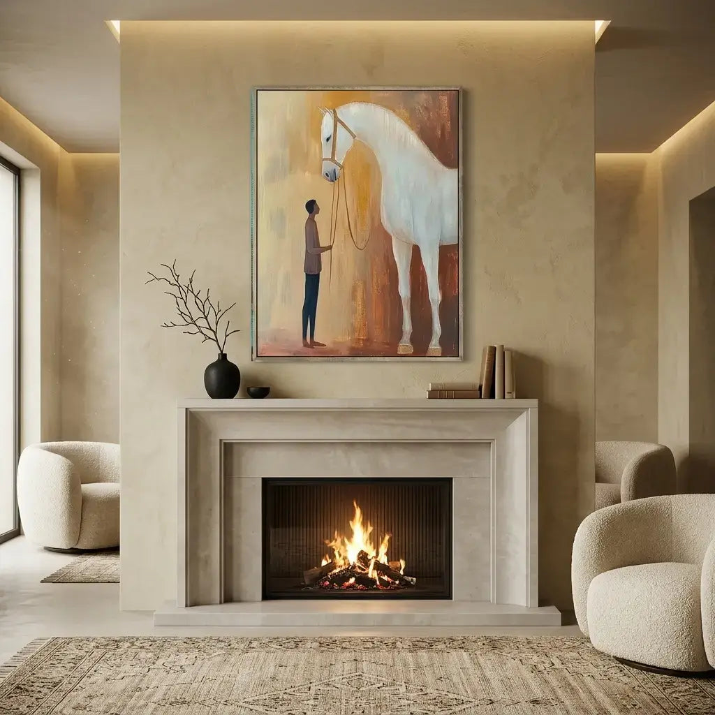 Living room with a fireplace, artwork above it, and two armchairs.