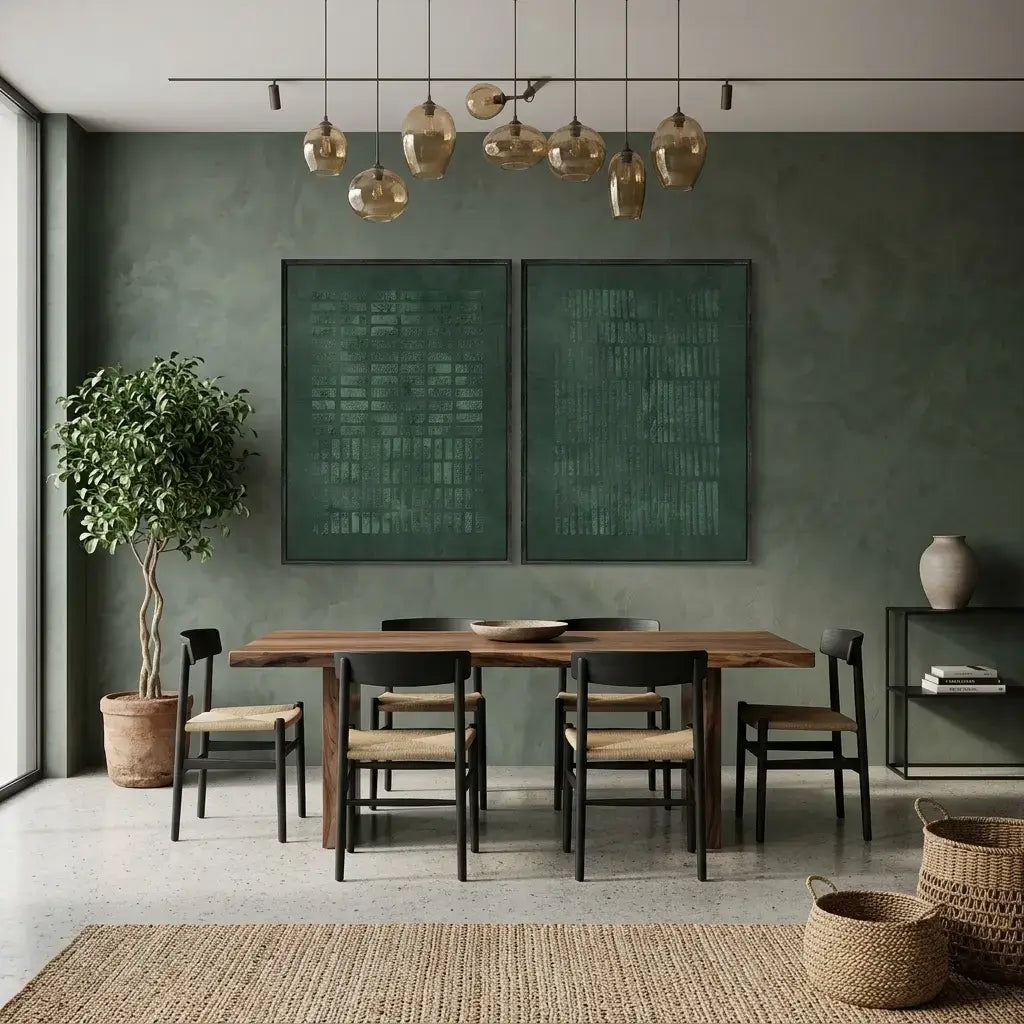 Dining room with wooden table and chairs, abstract art on the wall, and decorative elements.