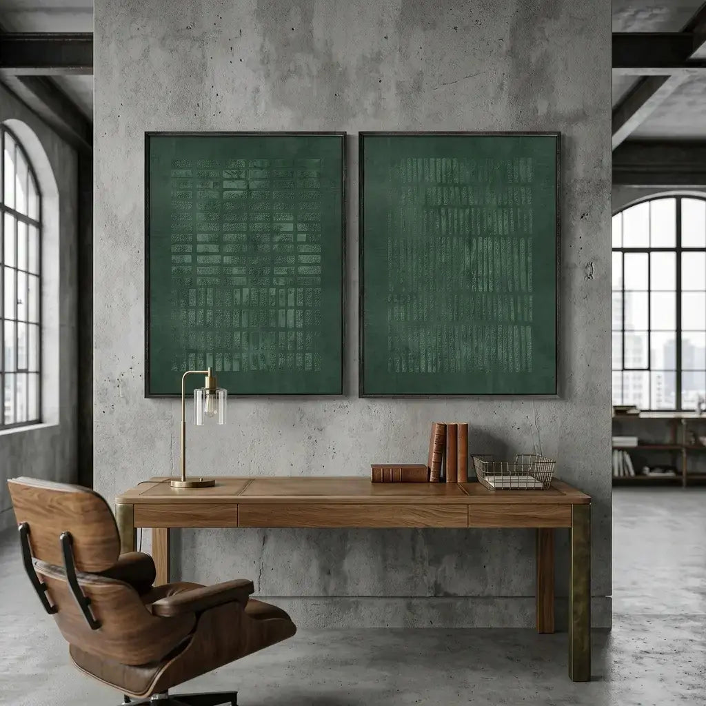 Modern office setup with wooden desk, chair, and framed artwork on a concrete wall.