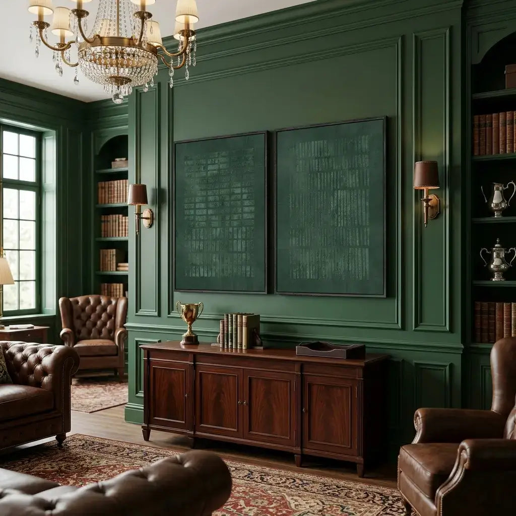Luxurious living room with green walls, wooden furniture, and decorative elements.