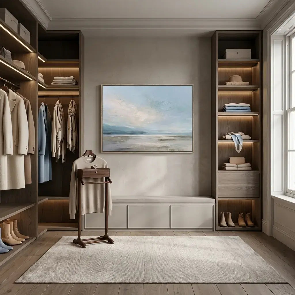 Modern walk-in closet with wooden shelves, clothes, and a painting on the wall.