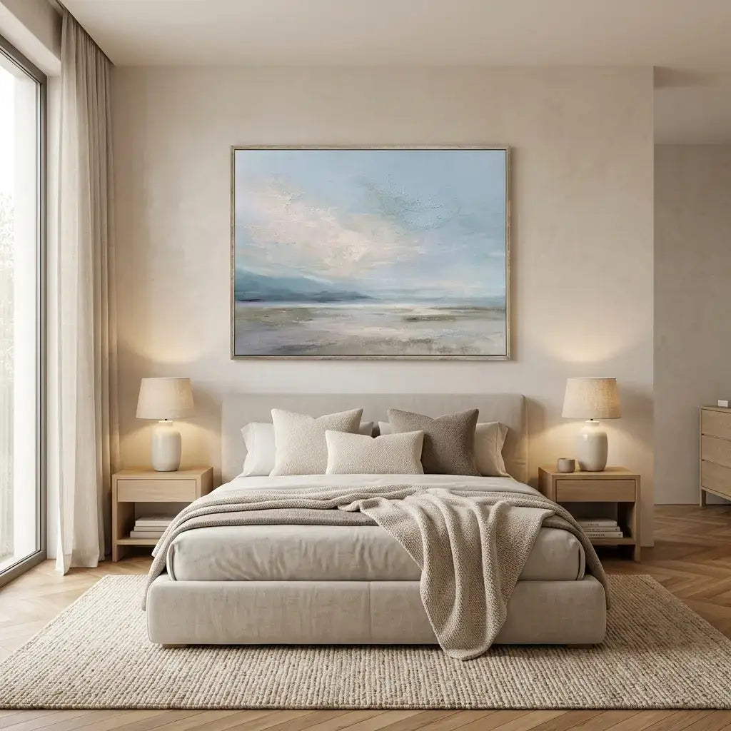 Modern bedroom with a bed, nightstands, lamps, and a large wall painting.