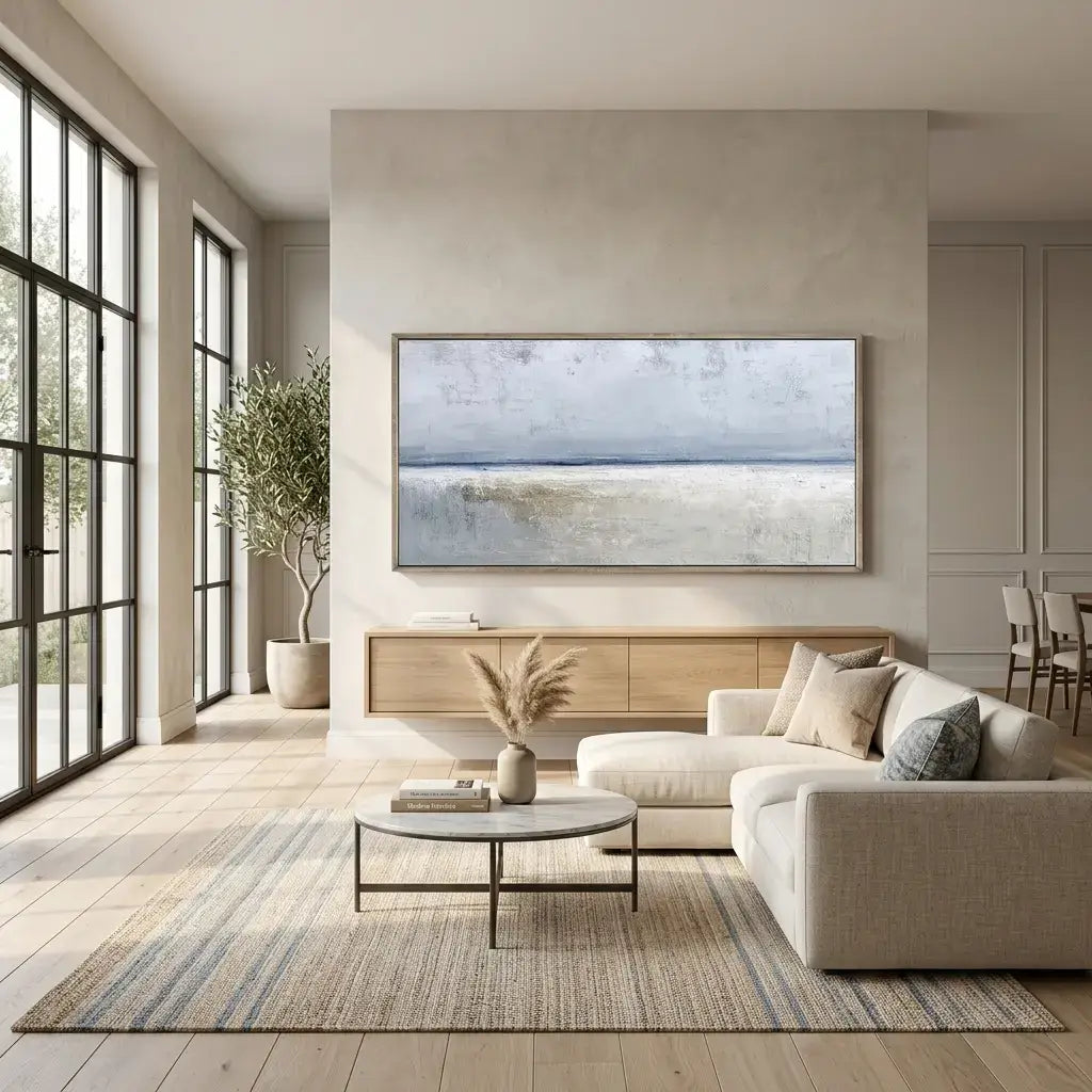Modern living room with a beige sofa, coffee table, and wall art.