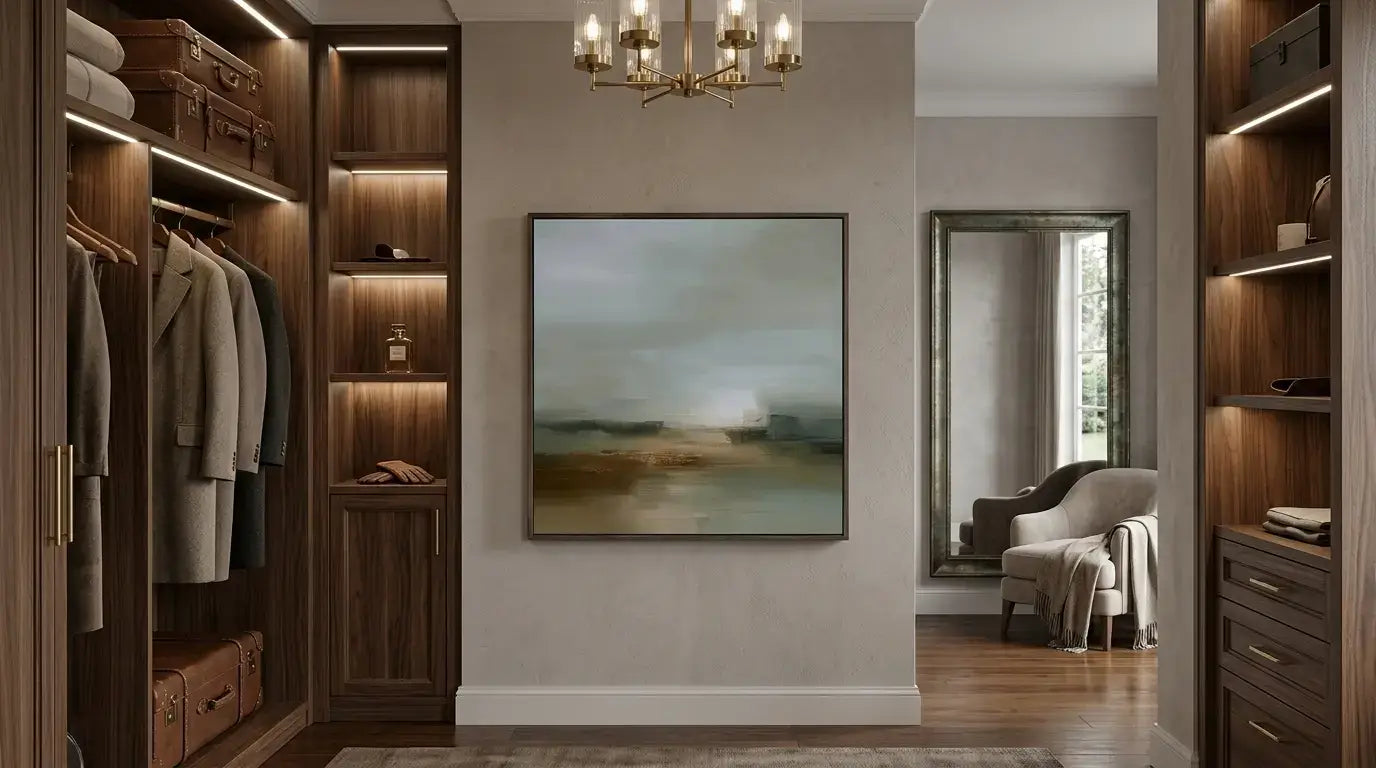 Modern walk-in closet with wooden shelves, clothing, and a painting on the wall.