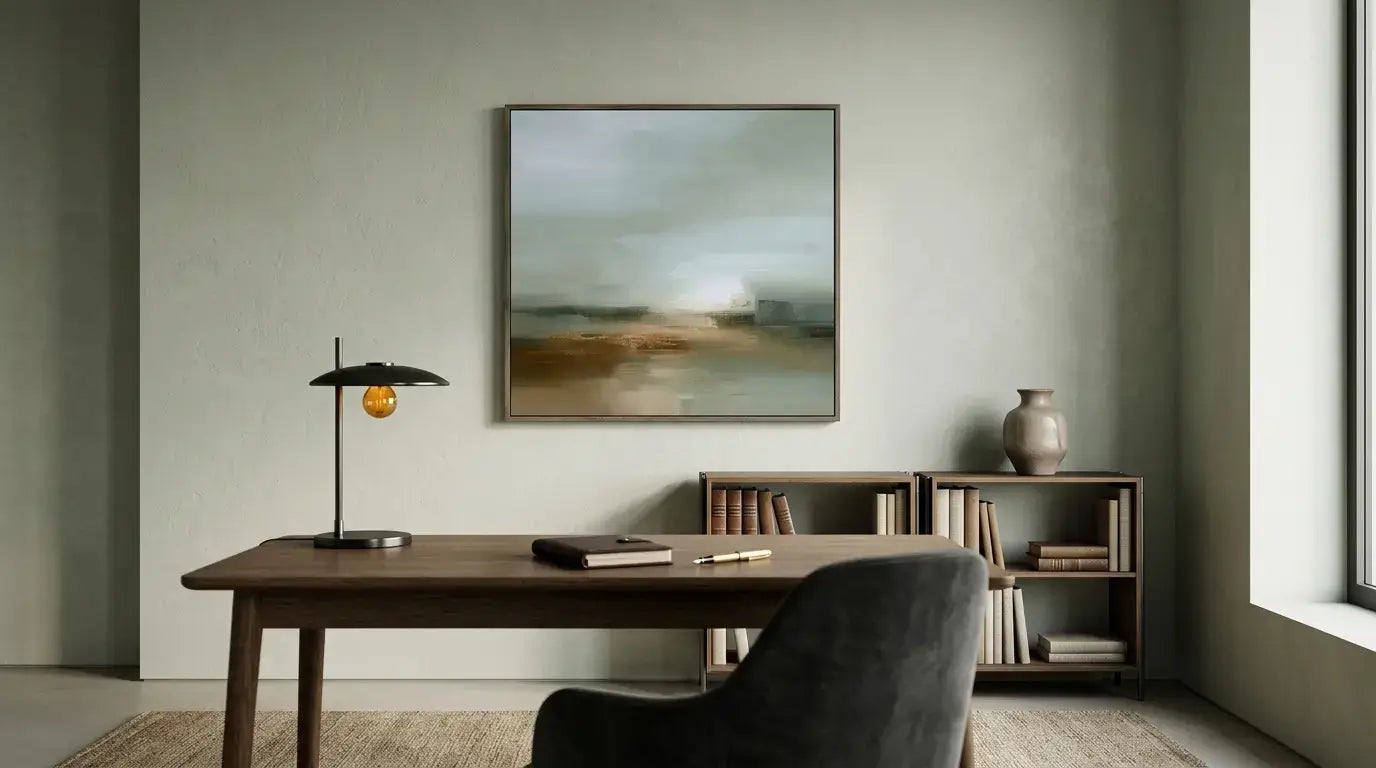 Modern home office with a wooden desk, chair, and abstract painting on the wall.