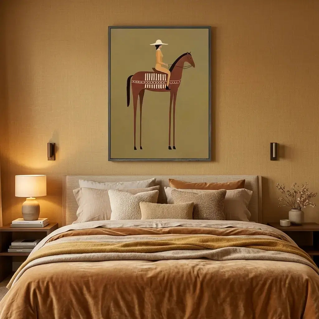 Bedroom with a horse and rider painting on the wall above a bed with patterned bedding.
