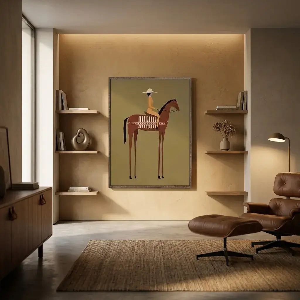 Modern living room with a horse painting on the wall, shelves, and a brown chair.