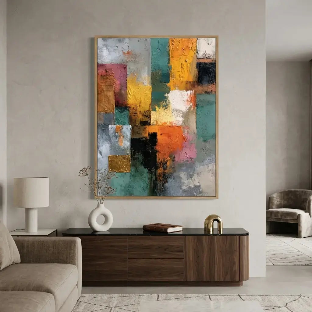 Abstract art piece on a wall in a modern living room