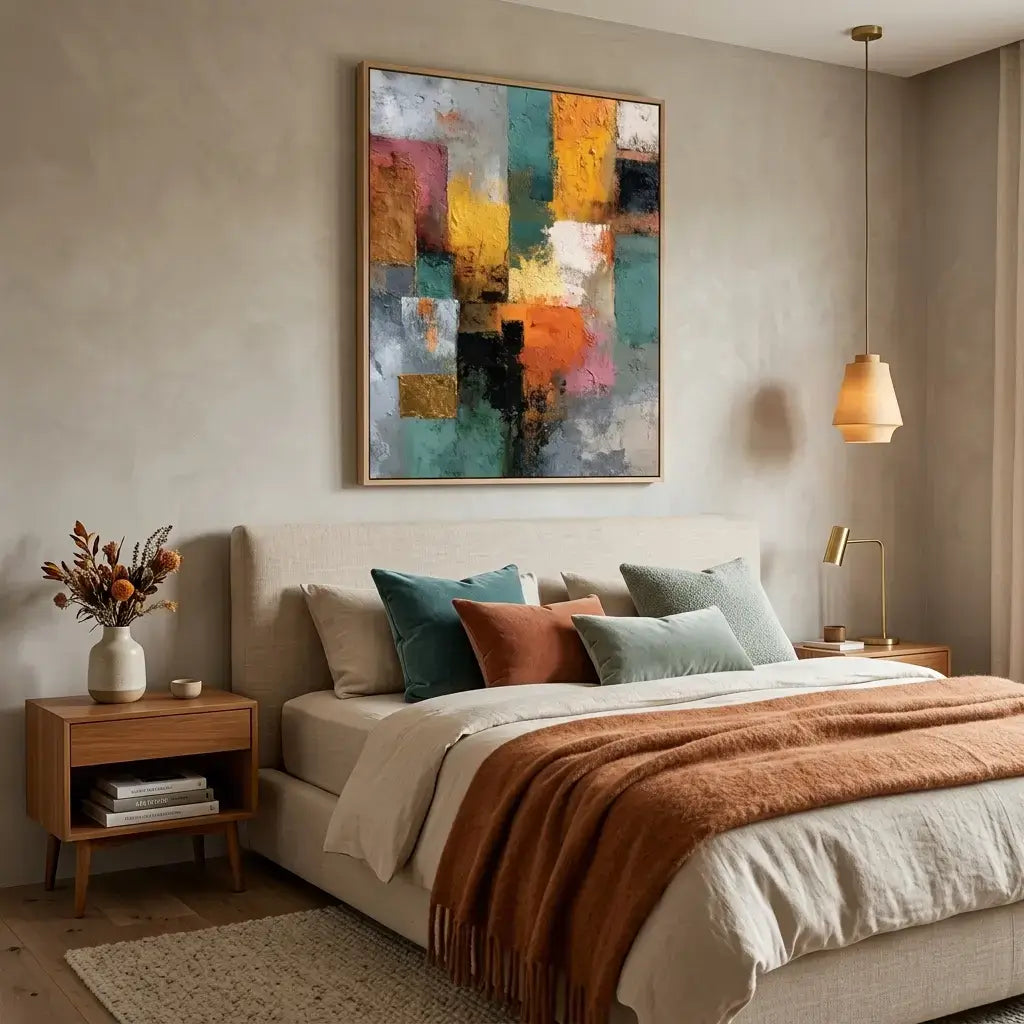 Modern bedroom with a bed, nightstands, and abstract art on the wall.