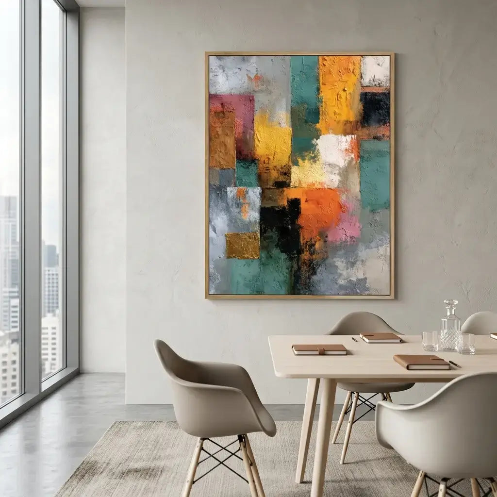 Modern dining room with abstract art on the wall