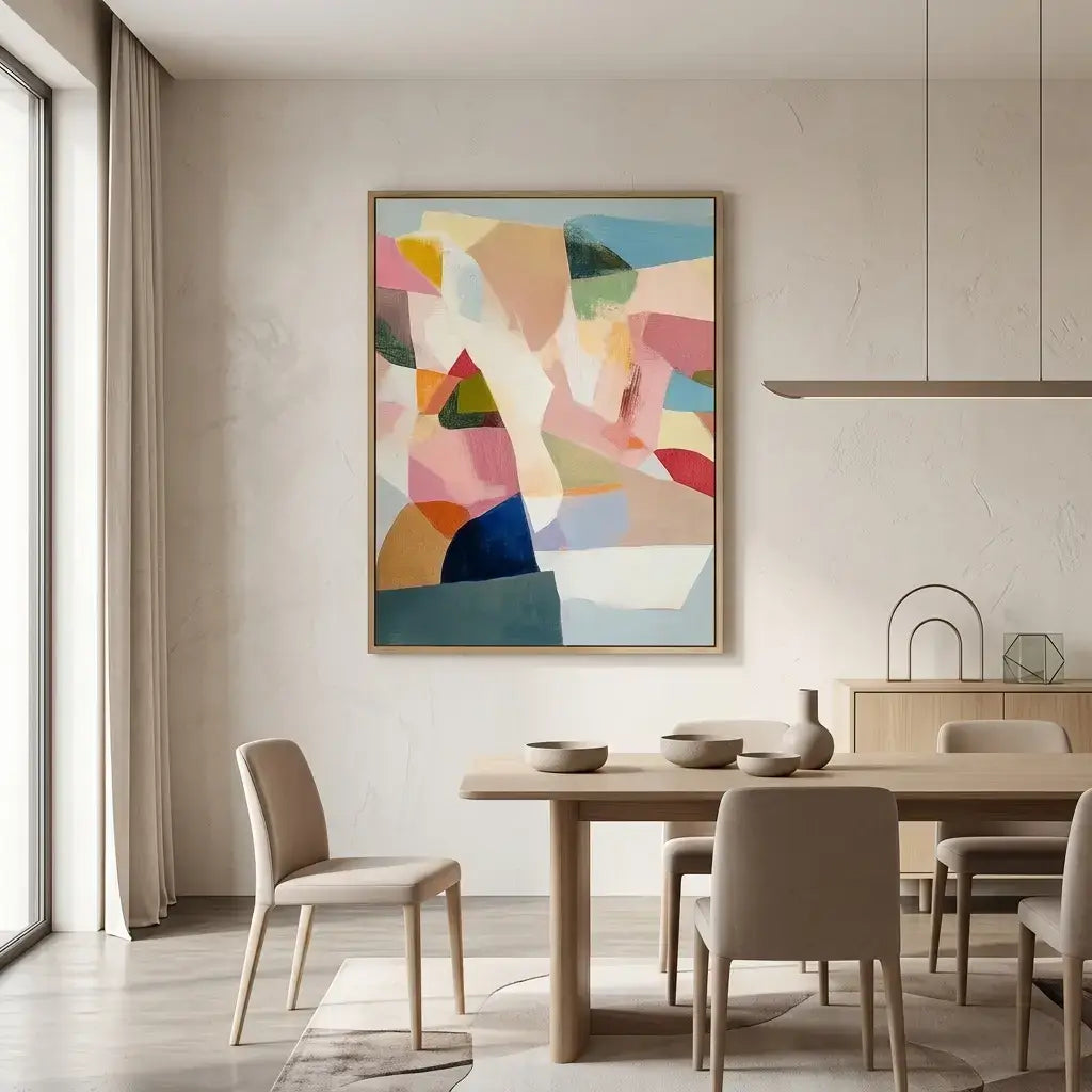 Modern dining room with a colorful abstract painting on the wall.
