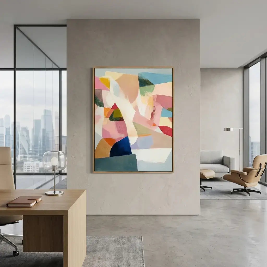 Modern office interior with a colorful abstract painting on a wall.
