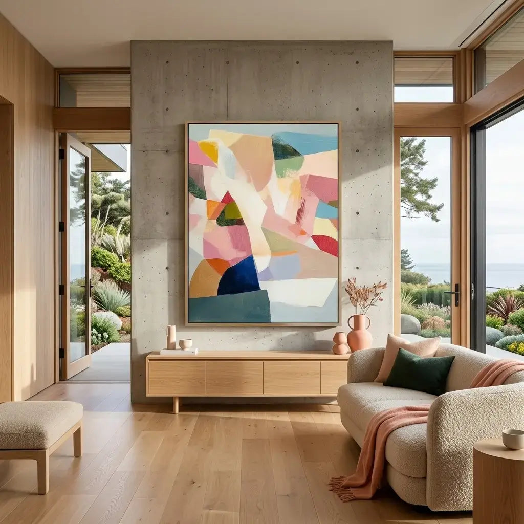 Modern living room with abstract art, sofa, and large windows.