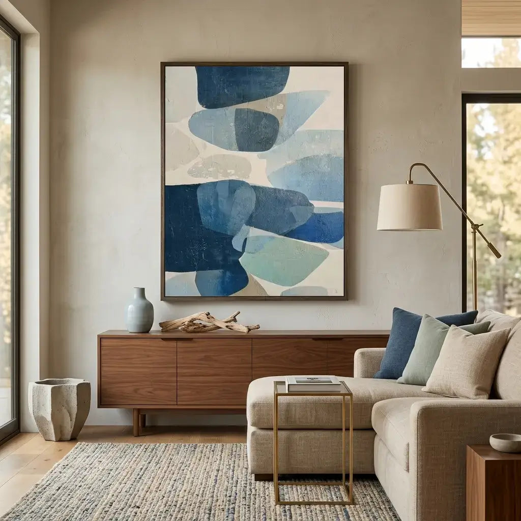Modern living room with a large abstract painting, wooden cabinet, and beige sofa.