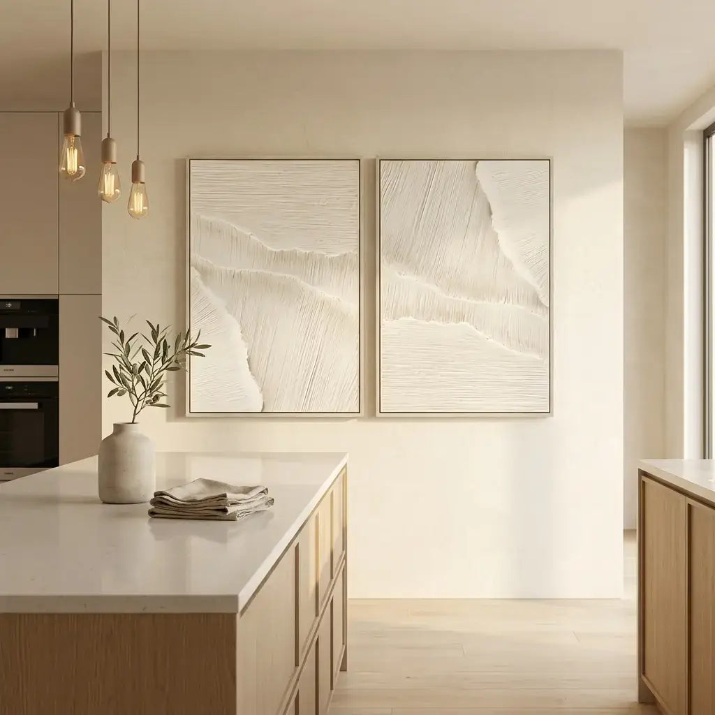 Modern kitchen interior with light-colored walls, wooden cabinets, and abstract wall art.