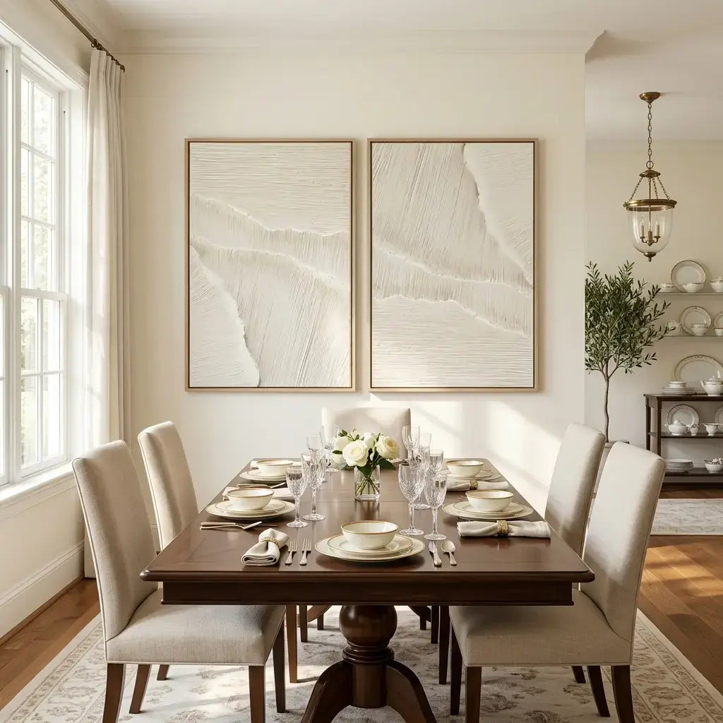 Dining room with a wooden table set for a meal, framed artwork on the wall, and a plant.