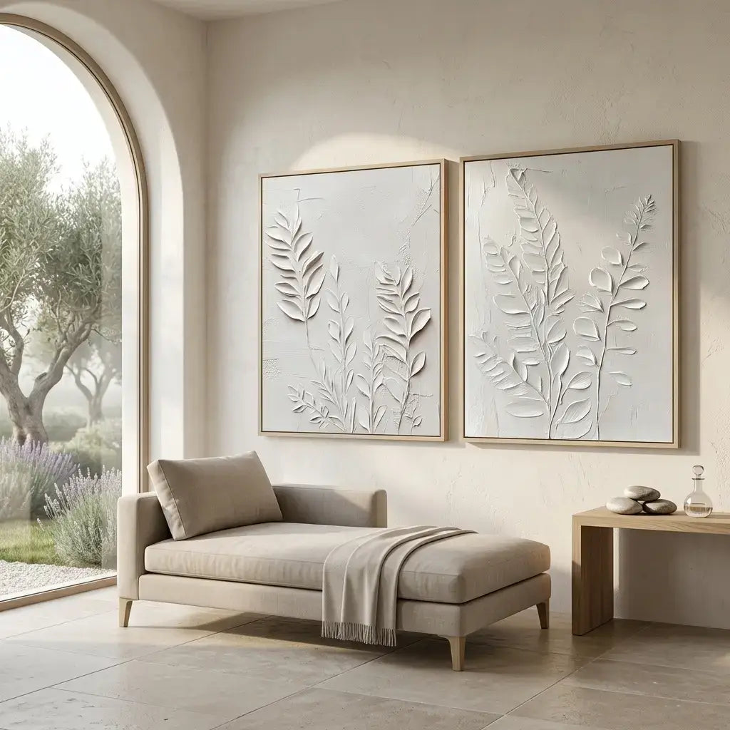 Modern living room with a beige sofa, decorative wall art, and a small table.