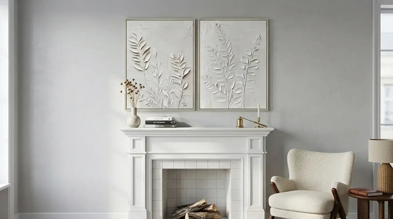 Living room with a fireplace, armchair, and decorative wall art.