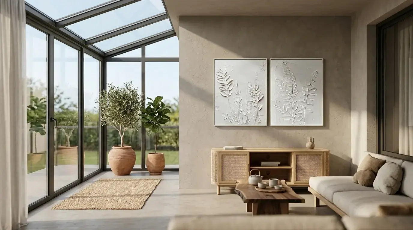 Modern living room with large windows, neutral decor, and outdoor view.