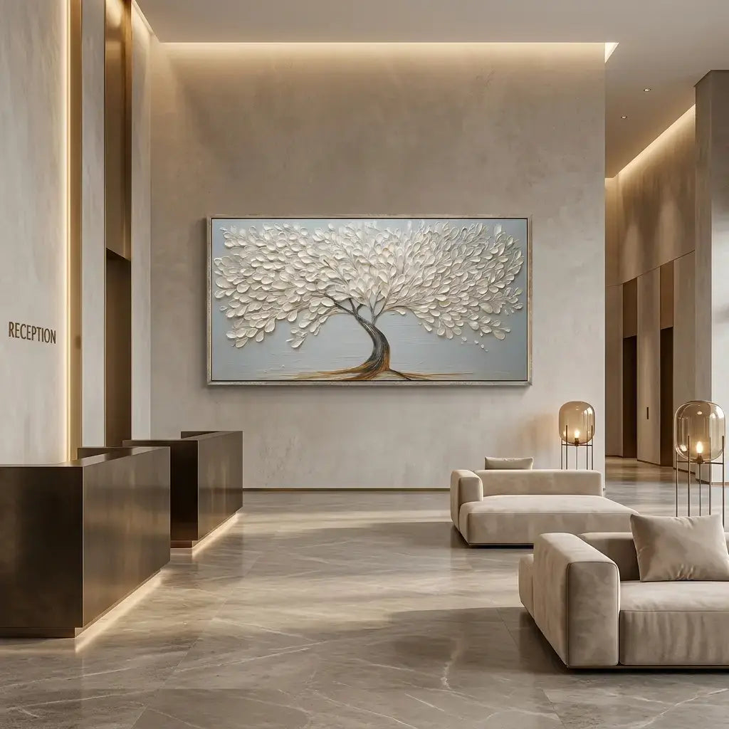 Modern interior with a large abstract tree painting on the wall