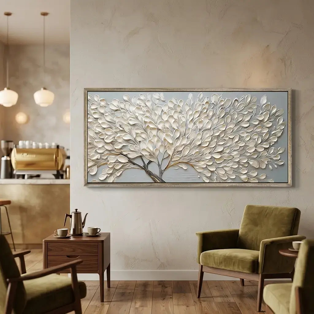 Living room with a large abstract wall art piece, green armchair, and wooden side table.