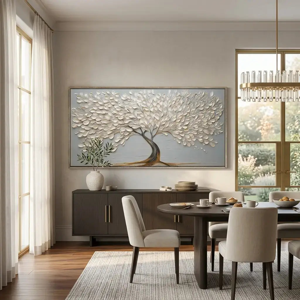 Dining room with a large abstract tree painting on the wall, a round table with chairs, and a sideboard.