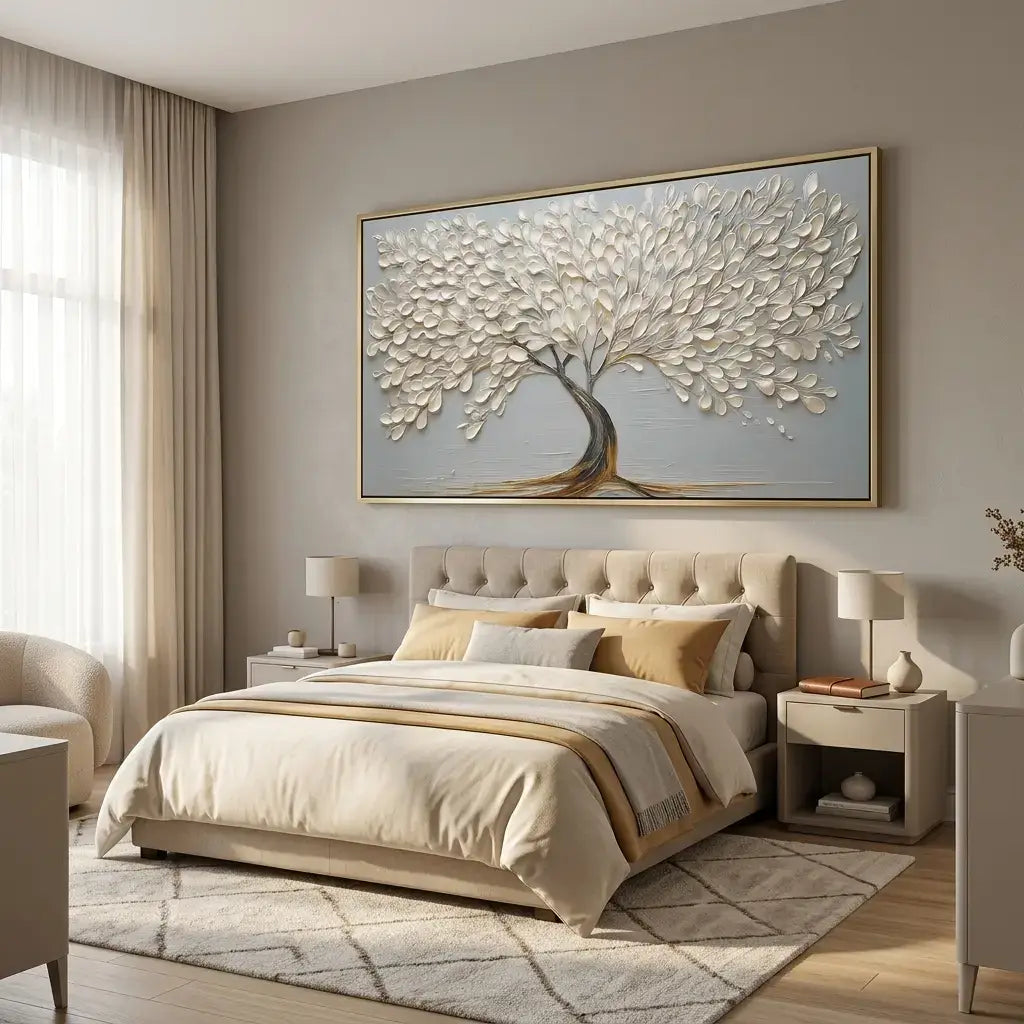 Modern bedroom with a large abstract tree painting on the wall.