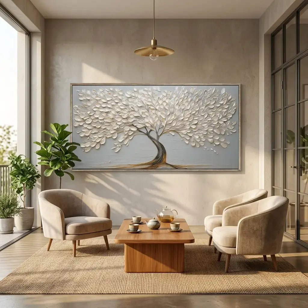 Modern living room with a large abstract tree painting on the wall, beige armchairs, and a wooden coffee table.