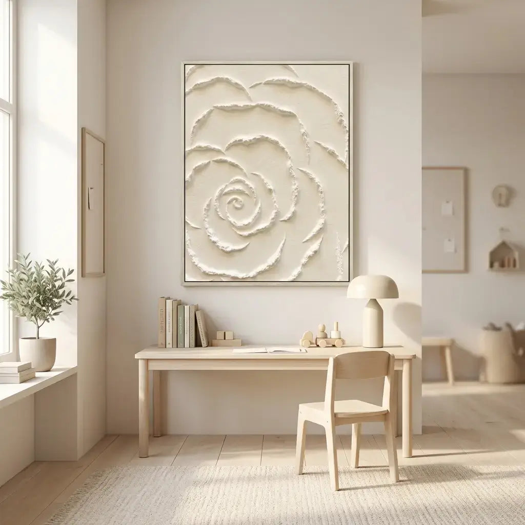 Modern home office with a desk, chair, and decorative wall art.