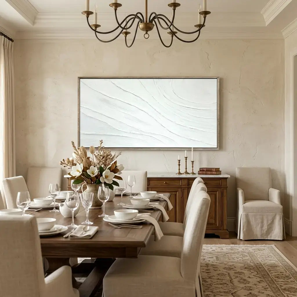 Elegant dining room with a wooden table, chairs, and a large abstract painting on the wall.