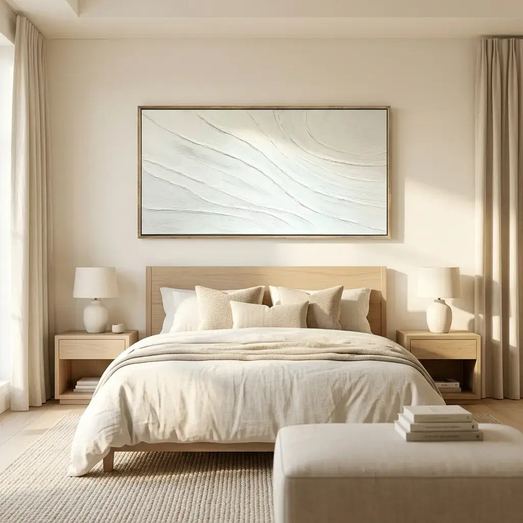 Neatly made bed in a bedroom with abstract wall art and side tables.