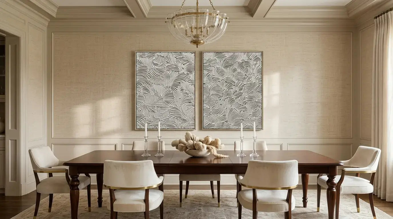 Dining room with a wooden table and chairs, featuring wall art and a chandelier.