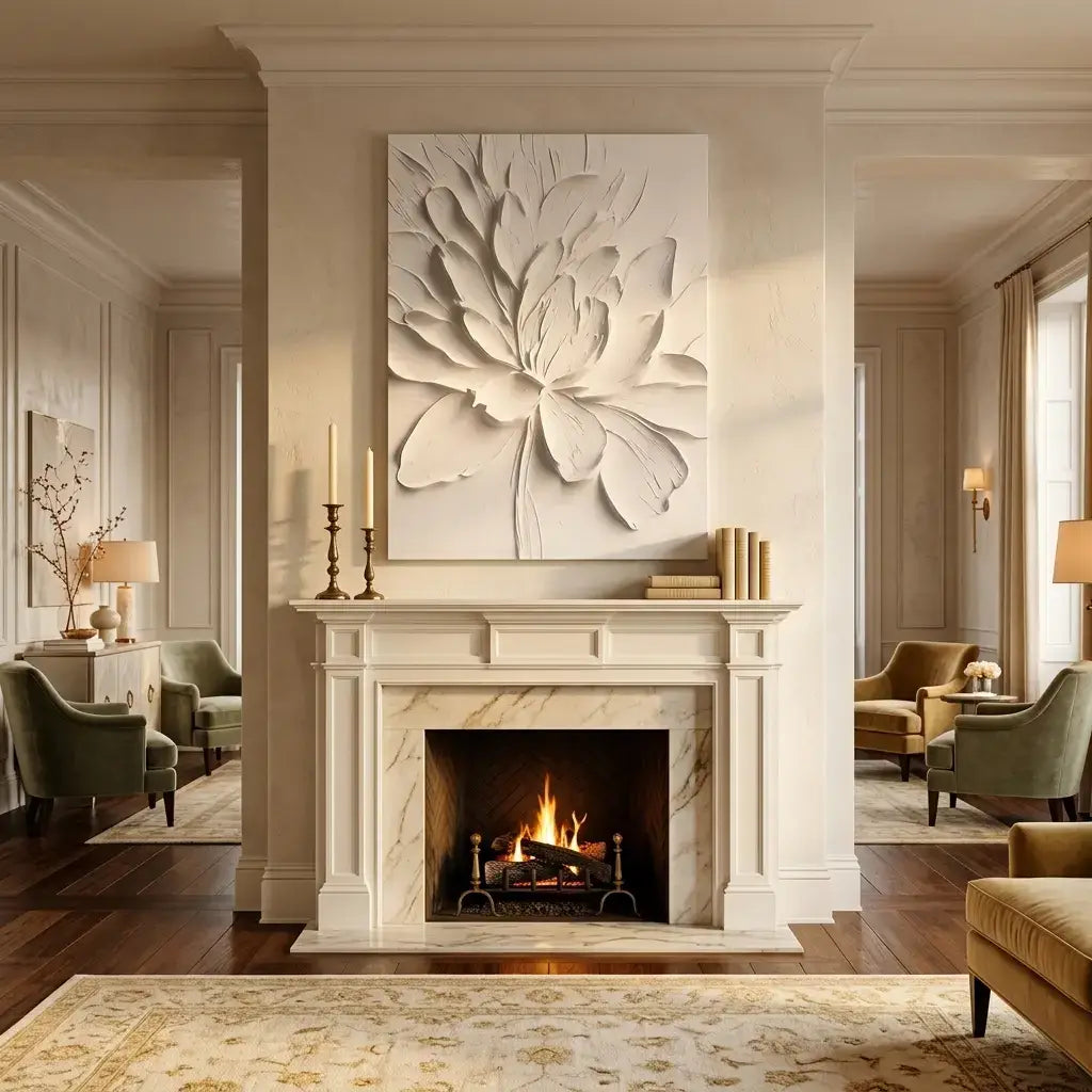 Living room with a fireplace, floral wall art, and comfortable furniture.