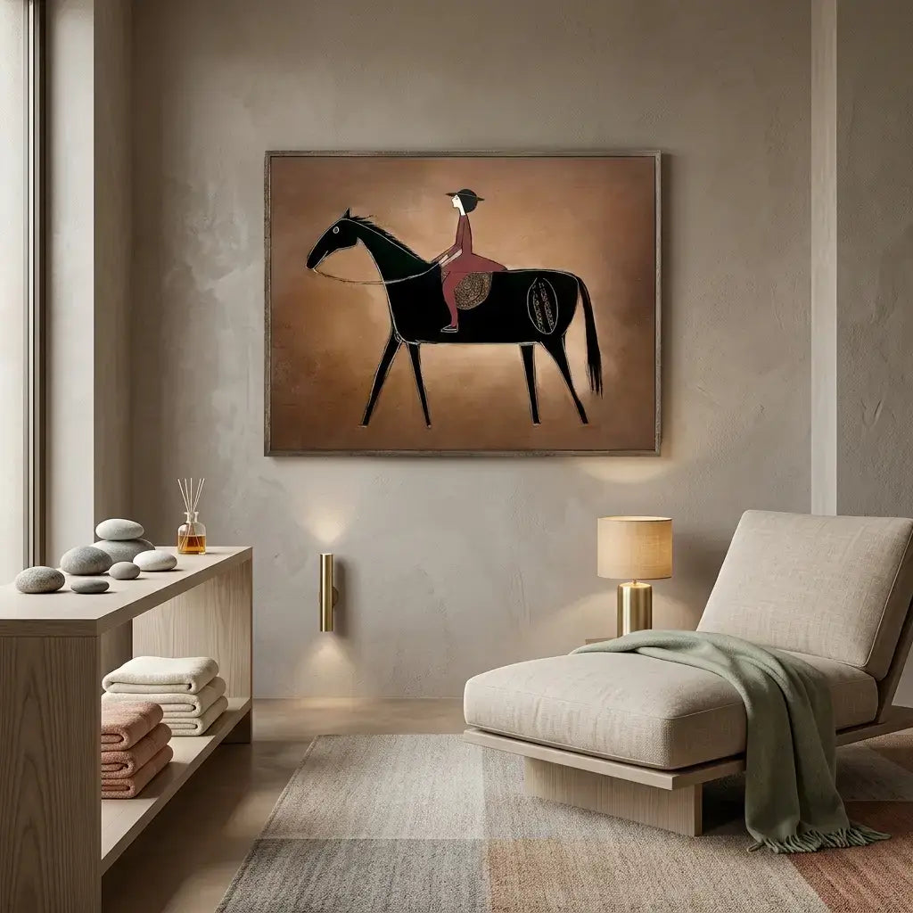 Living room with a horse and rider painting on the wall, a beige armchair, and a side table.