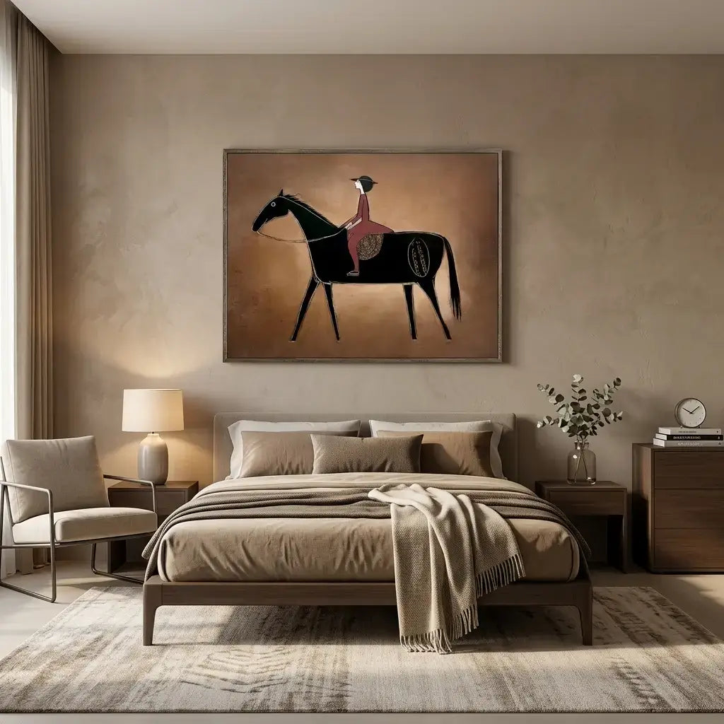 Modern bedroom with a horse and rider painting on the wall