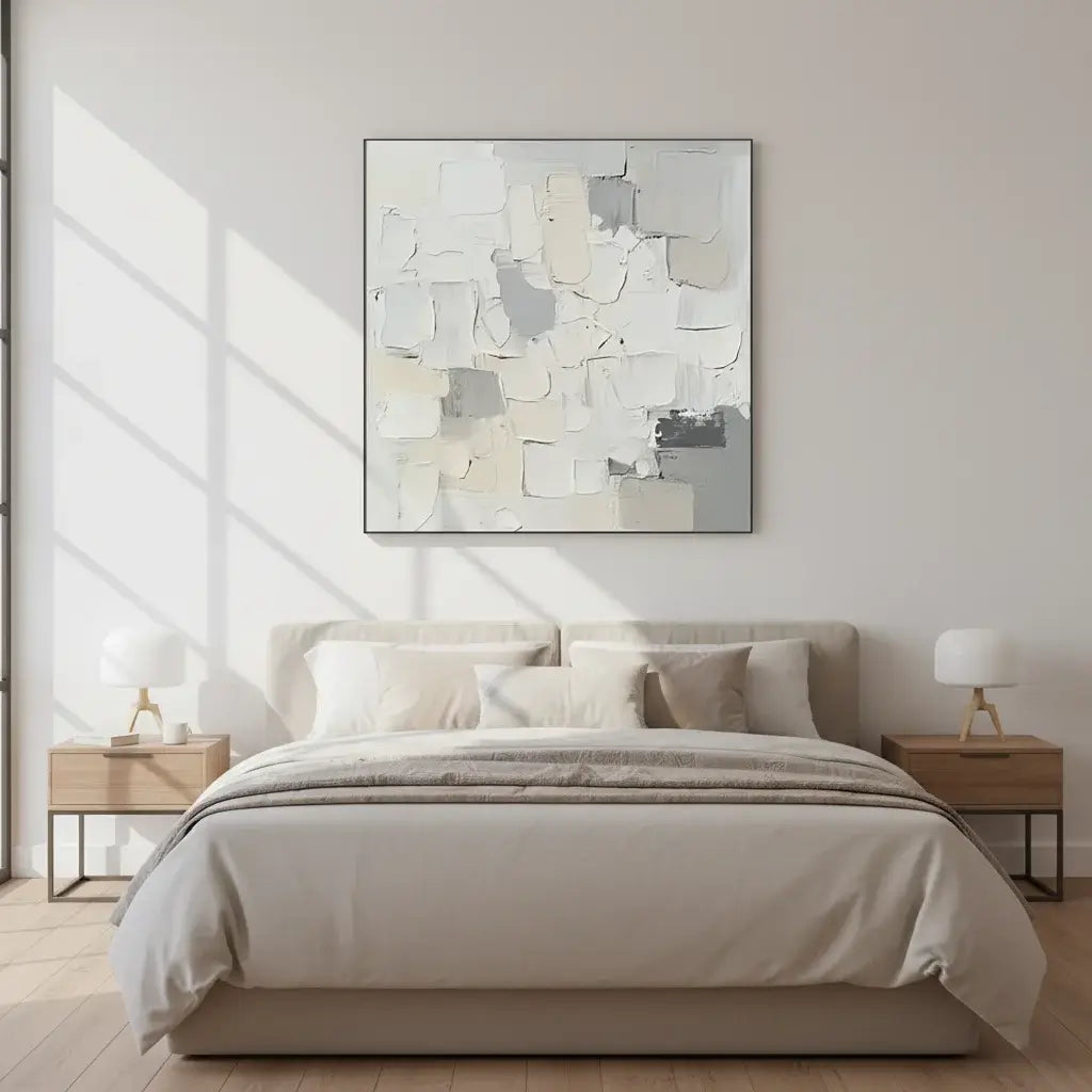 Modern bedroom with a bed, nightstands, and abstract wall art.