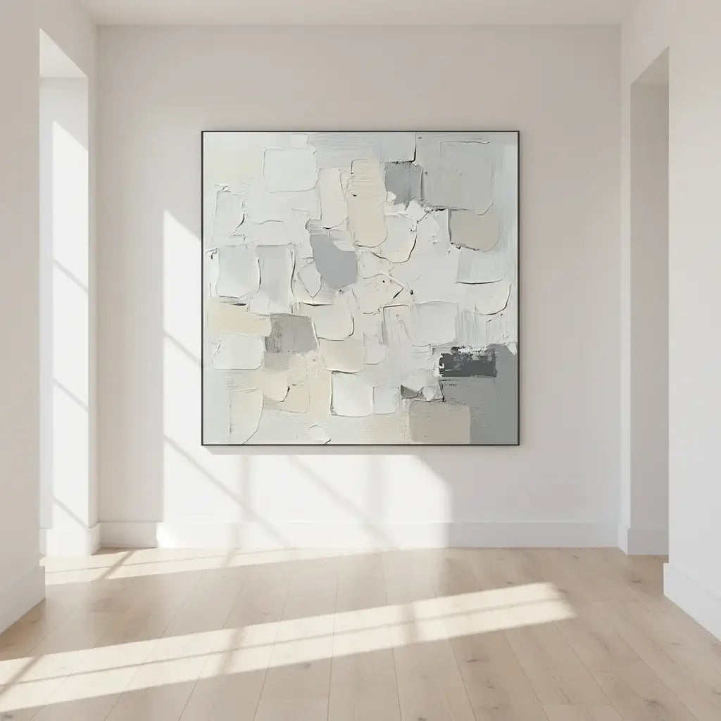 Abstract art piece in a modern room with sunlight streaming through a window.