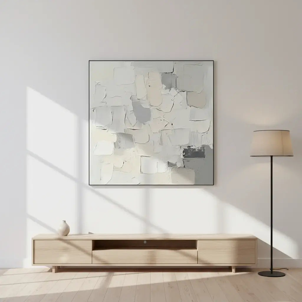 Modern living room with abstract art on the wall and a floor lamp.