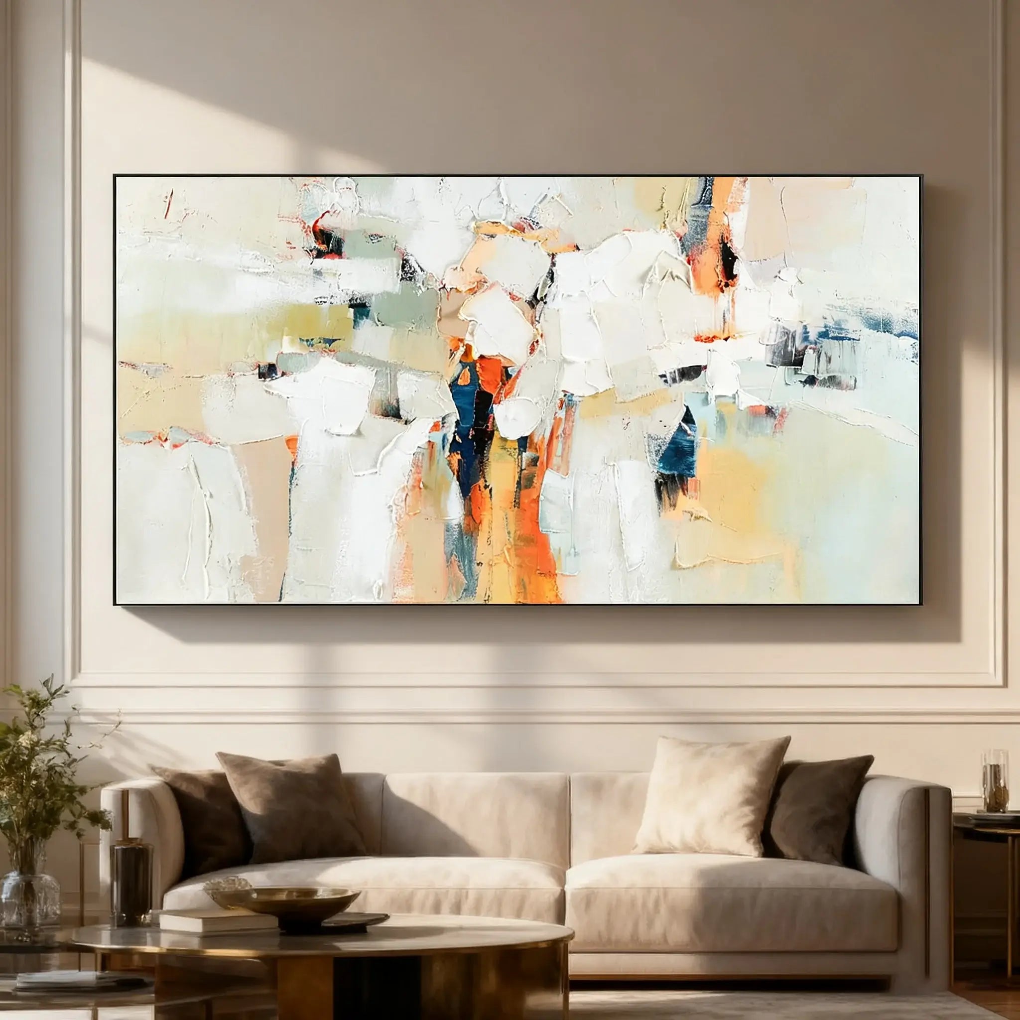 Abstract art painting in a modern living room setting