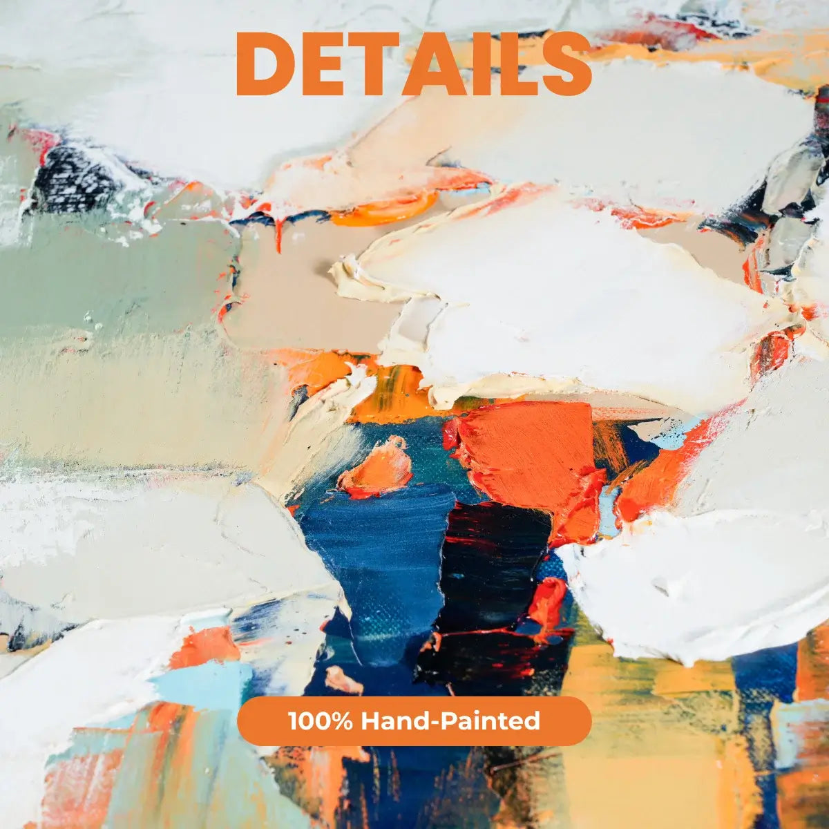 Abstract art with text 'DETAILS' and '100% Hand-Painted' on a textured background.