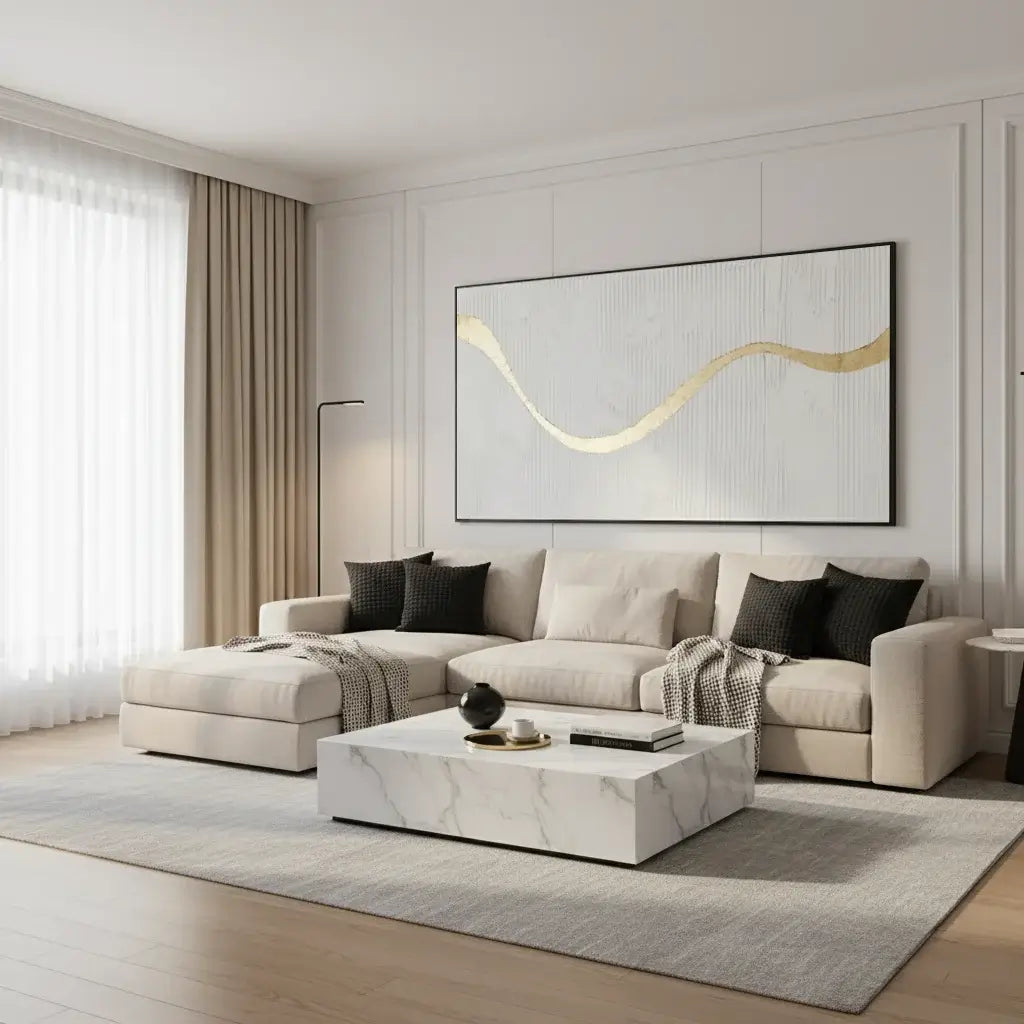 Modern living room with beige sectional sofa, marble coffee table, and abstract wall art.