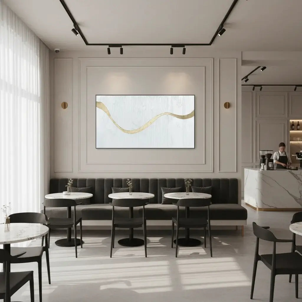 Modern cafe interior with tables, chairs, and a decorative wall art piece.
