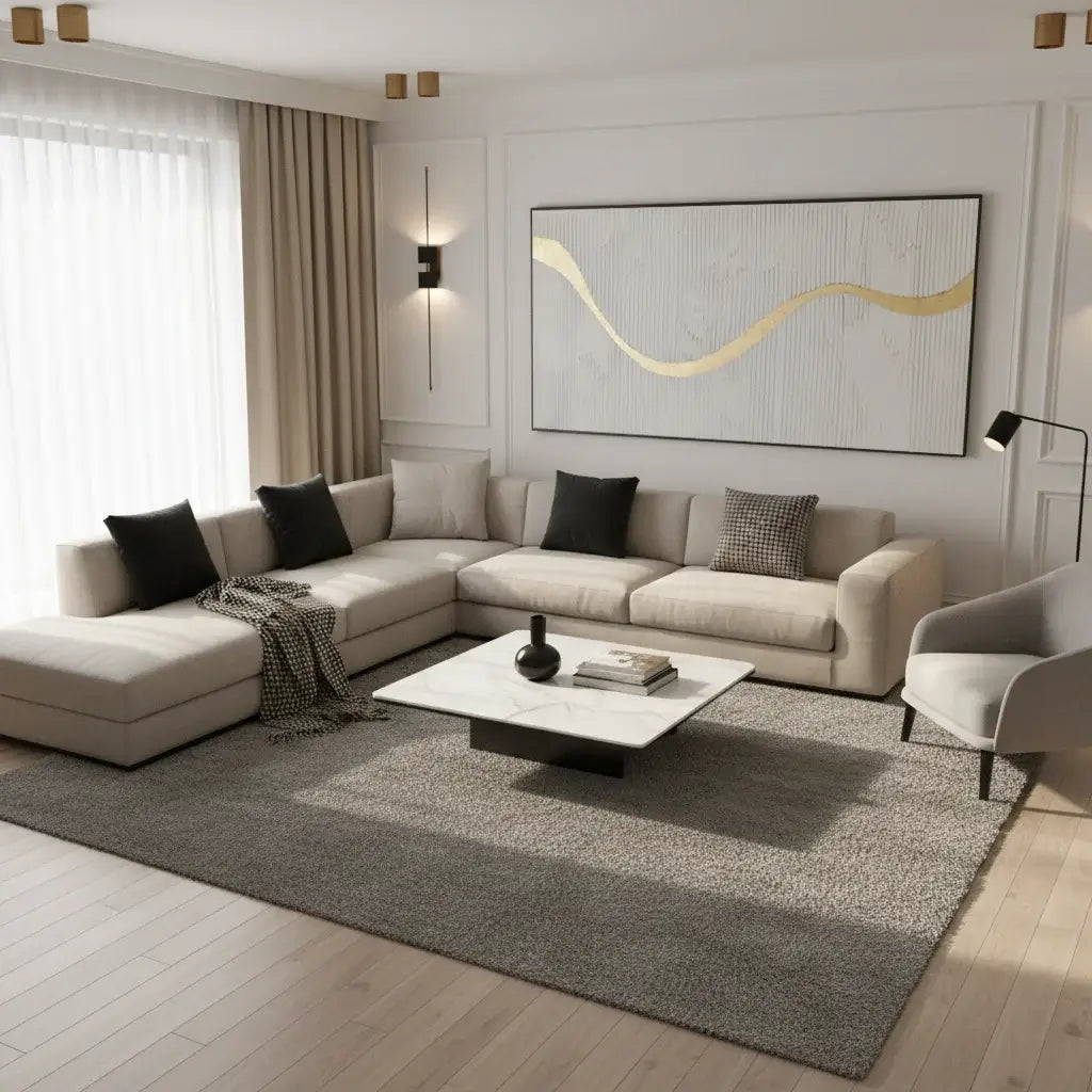 Modern living room with a sectional sofa, coffee table, and abstract wall art.