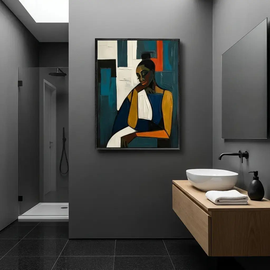 Bathroom interior with a painting of a woman on the wall, sink, and towel.