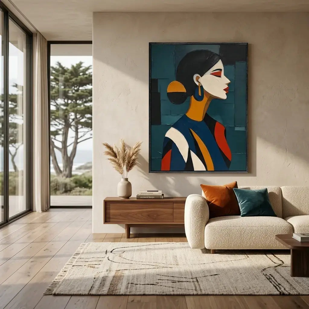 Modern living room with a colorful abstract painting of a woman's face on the wall.