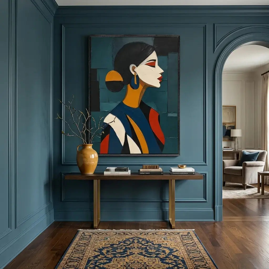 Decorative interior with a painting of a stylized face on a blue wall.