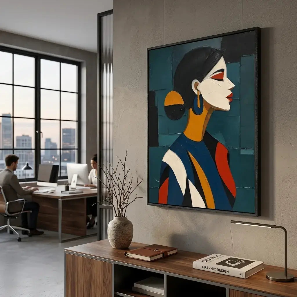 Modern office with a colorful abstract painting of a woman's profile on the wall.