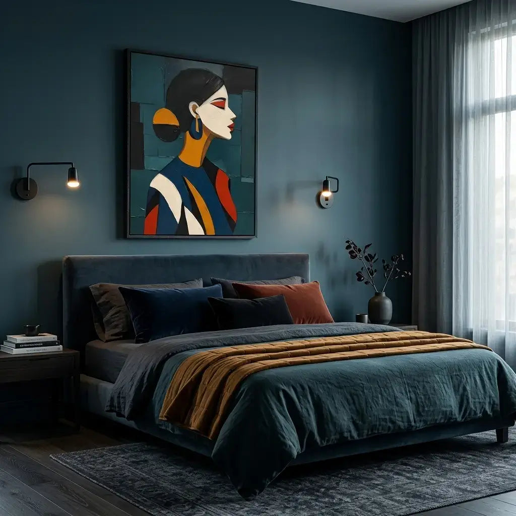 Modern bedroom with dark blue walls, a bed with striped bedding, and a colorful abstract painting above the bed.