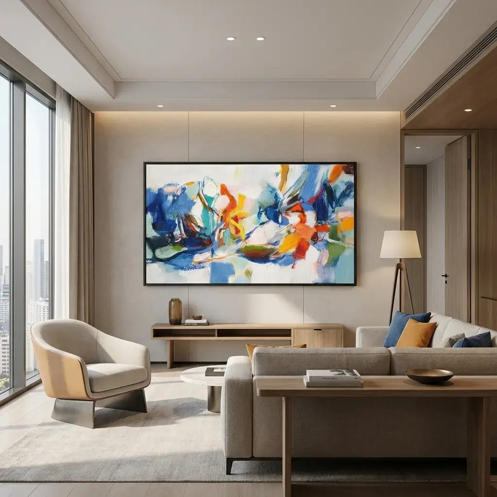 Modern living room with a colorful abstract painting on the wall.