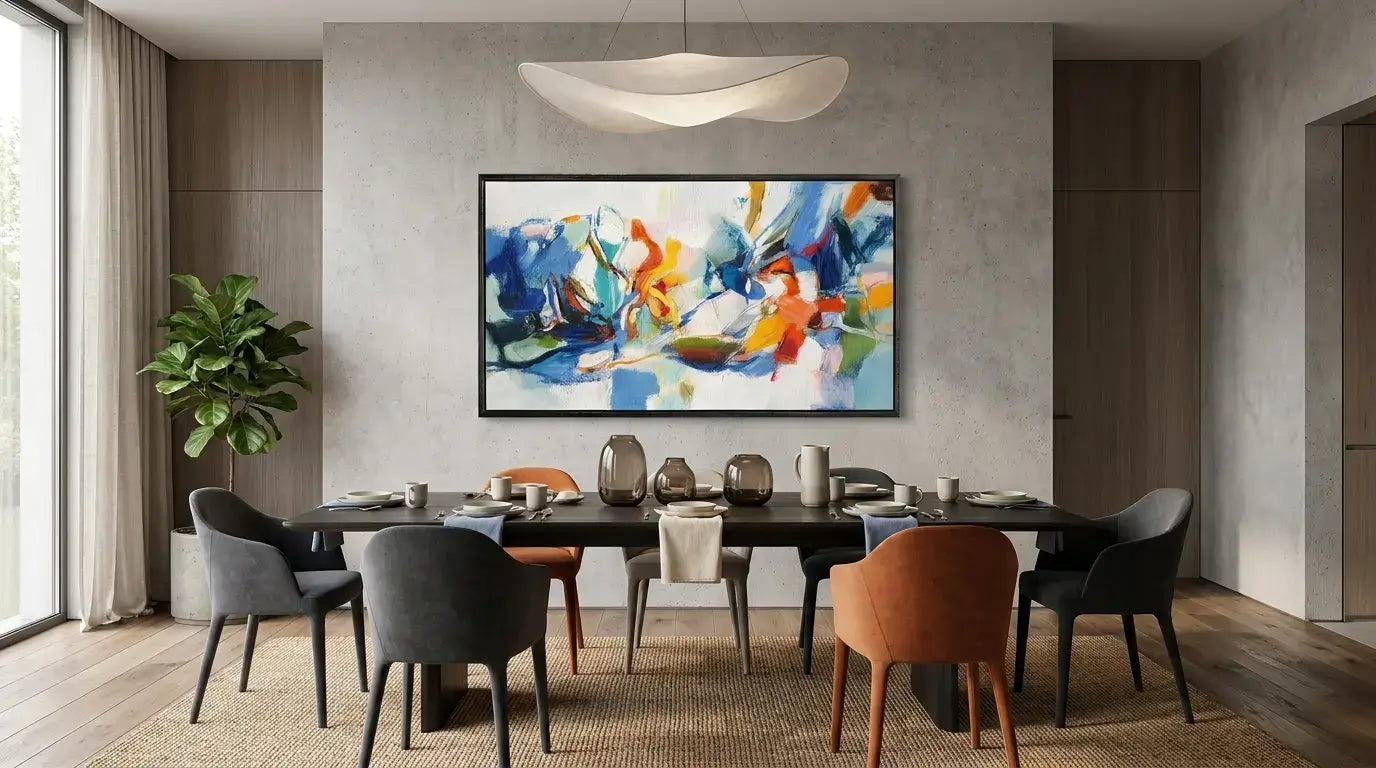 Modern dining room with a large abstract painting on the wall